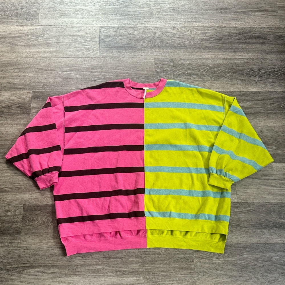 Free People Pink and Yellow Striped Sweater Large Oversized Color block Crewneck - Picture 2 of 7